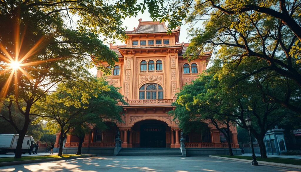 A grand, historic edifice standing tall, its vibrant facade adorned with traditional Taiwanese architectural elements. The building's ornate carvings and intricate tile work evoke a bygone era, a testament to the rich cultural heritage that inspired its design. Lush greenery frames the structure, creating a serene, contemplative atmosphere. Warm, golden sunlight filters through the trees, casting a gentle glow over the scene. In the foreground, a tranquil plaza invites visitors to explore and immerse themselves in the captivating history of this iconic entertainment destination. The overall composition conveys a sense of timeless elegance and a deep connection to the local traditions that shaped its evolution.