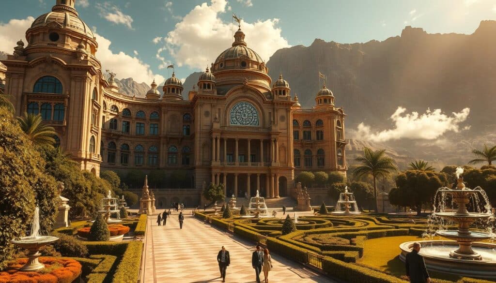 A grand historical casino complex set against a dramatic mountainous landscape. The towering architecture features ornate domes, arched windows, and intricate stone carvings that evoke a bygone era of opulence and extravagance. The foreground is bustling with smartly dressed patrons strolling through the lush, manicured gardens adorned with ornamental fountains. A sense of timeless elegance and sophistication permeates the scene, hinting at the storied heritage and reputation of this iconic entertainment destination. Warm, golden sunlight filters through wispy clouds, casting a warm, nostalgic glow over the entire tableau. An aura of timeless grandeur and cultural significance imbues the image, capturing the essence of "卡利娛樂城歷史".