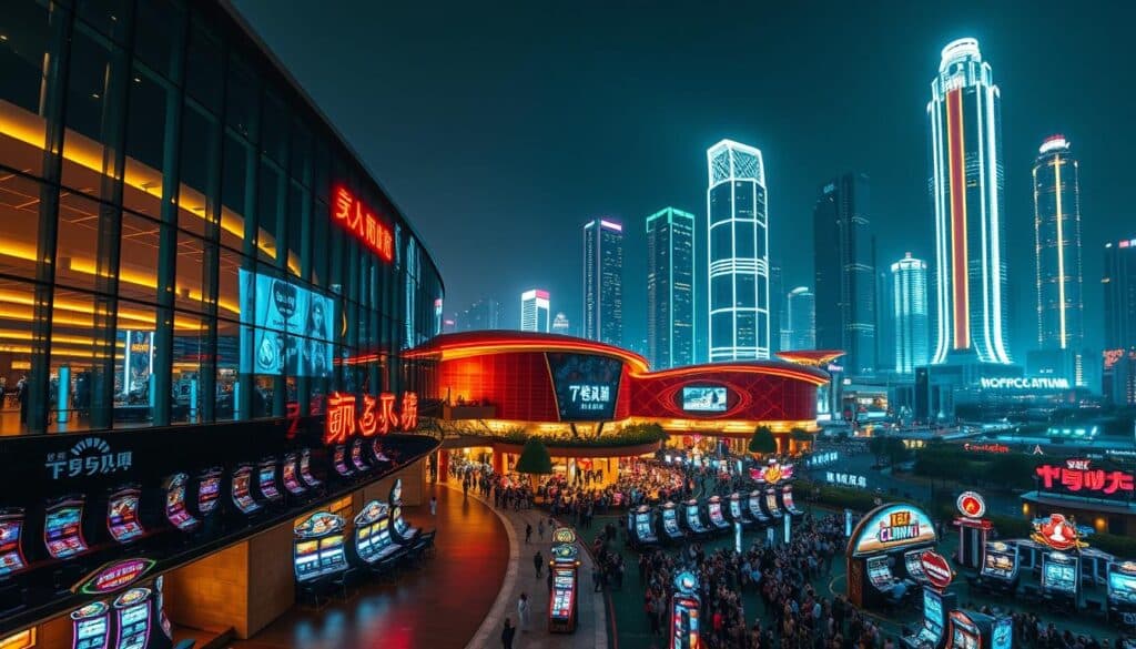 A grand, modern casino complex set against a backdrop of vibrant Taiwanese cityscapes. In the foreground, a curved glass façade reflects the brightly lit gaming floor, filled with rows of high-tech slot machines and virtual card tables. The middle ground showcases a lively outdoor plaza, where crowds of people gather to enjoy the buzzing atmosphere and neon-lit entertainment. In the distance, the skyline is dominated by sleek, contemporary skyscrapers, their illuminated windows casting a warm glow over the scene. The lighting is a perfect balance of dramatic shadows and vibrant highlights, creating a sense of energy and excitement. Shot with a wide-angle lens to capture the scale and grandeur of this thriving online entertainment hub in Taiwan.