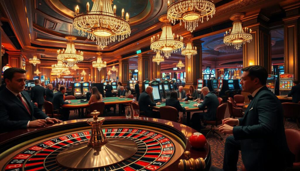 A grand, opulent casino interior with sparkling chandeliers and plush furnishings. The foreground features a roulette table surrounded by smartly-dressed patrons, their faces alight with excitement as the wheel spins. In the middle ground, high-stakes poker games are underway, the players' expressions intense. The background showcases a panoramic view of the casino floor, bustling with activity - slot machines, blackjack tables, and a bar where well-heeled guests sip fine liquor. Warm, ambient lighting casts a seductive glow, heightening the atmosphere of wealth, glamour, and the thrill of chance. The scene exudes an alluring, cinematic quality, capturing the timeless charm and allure of the physical casino experience.