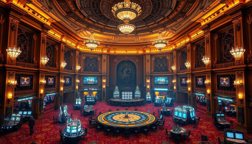 A grand, ornate casino interior with a lavish, high-ceilinged main gaming hall. The space is bathed in warm, ambient lighting, with dramatic chandeliers and sconces casting a soft glow. Detailed, intricate architectural flourishes adorn the walls and columns, blending Eastern and Western design elements. Plush, richly-colored carpets and furnishings create an opulent, immersive atmosphere. In the center, a large, circular casino floor is surrounded by rows of gaming tables and slot machines, inviting patrons to try their luck. The overall vibe evokes a sense of opulence, grandeur, and the thrill of high-stakes gaming.