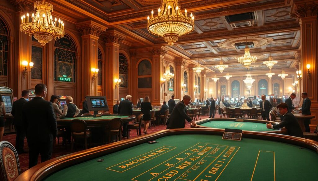 A grand, ornate casino interior with a rich history, bathed in warm, golden lighting. In the foreground, an elegant baccarat table is the centerpiece, its green felt surface inviting players to try their luck. The middle ground features well-dressed patrons engaged in the game, their faces alight with anticipation. In the background, a panoramic view of the casino floor showcases a bustling atmosphere, with chandelier-lit columns and detailed architectural flourishes that evoke the grandeur of a bygone era. The scene conveys a sense of timeless elegance and the allure of chance that has captivated generations of gamblers.