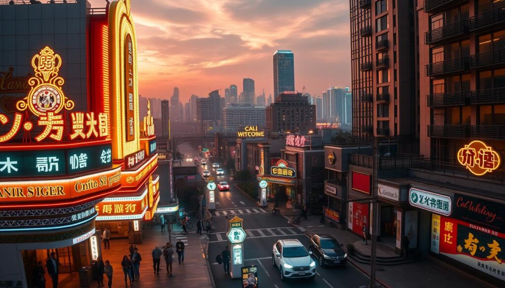 A grand, sweeping panorama of the historical origins and development of Cali Entertainment City, Taiwan's premier gambling destination. In the foreground, the iconic neon-lit facade of the original casino complex, its bold signage and gilded details capturing the glamour and excitement of the gaming industry's early days. In the middle ground, a bustling street scene reveals the surrounding neighborhood, with pedestrians and vehicles moving through the frame, suggesting the vibrant urban environment that gave rise to this entertainment mecca. In the distant background, the silhouettes of the city's skyline, a testament to the growth and prosperity that Cali Entertainment City has fostered over the decades. Bathed in a warm, golden glow that evokes a sense of nostalgia and timelessness, the image conveys the rich history and enduring legacy of this legendary Taiwanese gambling institution.