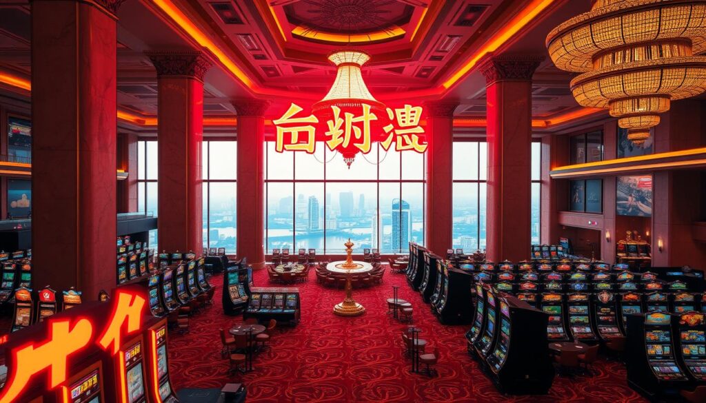 A grandiose casino interior bathed in warm, inviting lighting. In the foreground, a large neon sign displays the enticing "賭場優惠活動" in bold, eye-catching characters. Rows of slot machines and gaming tables populate the middle ground, surrounded by plush carpeting and lavish decor. The background features towering marble columns, ornate chandeliers, and a panoramic view of the cityscape beyond, suggesting the glamour and allure of the Macau gambling scene. The overall atmosphere exudes a sense of excitement, opportunity, and the potential for big wins, perfectly capturing the essence of the "賭場優惠活動" section of the article.