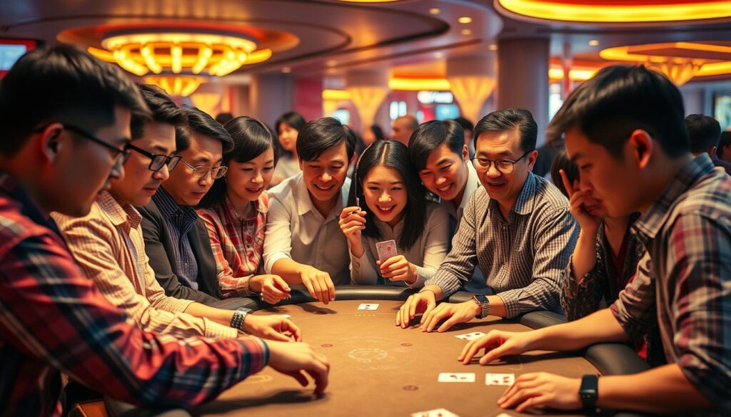 A group of Taiwanese casino players gathered around a blackjack table, intently focused on the game. They are dressed in a mix of casual and formal attire, reflecting the diverse demographics of Taiwanese gamblers. The scene is illuminated by warm, ambient lighting, casting a golden glow over the table and creating a sense of excitement and anticipation. The players' expressions range from intense concentration to occasional moments of celebration, capturing the thrill and strategy of the game. The background is slightly blurred, drawing the viewer's attention to the central action and the Taiwanese players' engaging with the casino environment.