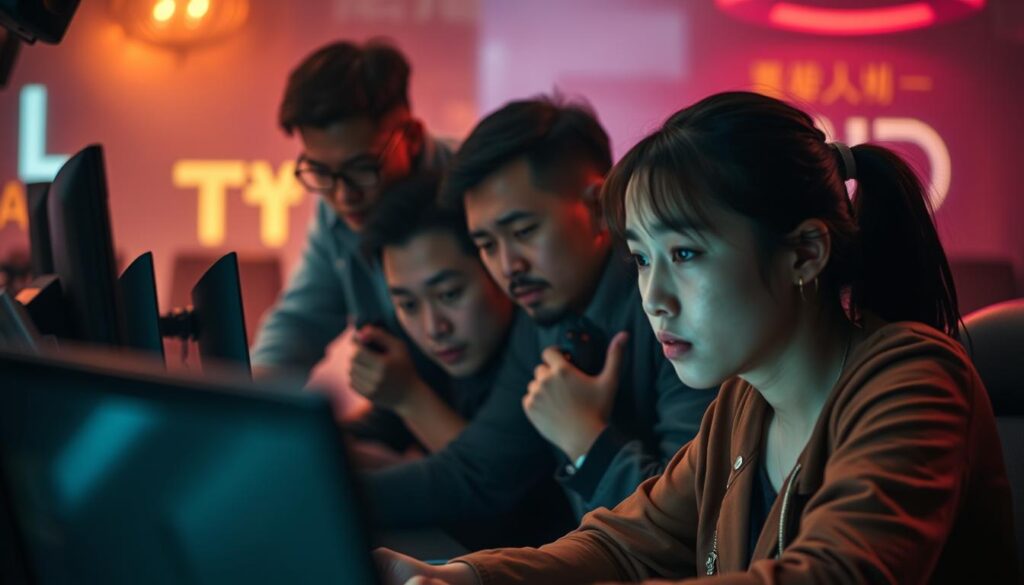 A group of Taiwanese gamers gathered in a cozy, dimly-lit internet cafe, their expressions a mix of concentration and frustration as they navigate the complexities of online gambling platforms. In the foreground, a young woman frowns intently at her laptop screen, her brow furrowed in contemplation. Behind her, two men lean in, exchanging hushed, animated discussions, their body language suggesting both excitement and apprehension. The background is hazy, with the faint glow of monitors casting a warm, almost cinematic lighting on the scene, creating an atmosphere of intensity and introspection. The overall mood conveys the complex and nuanced perspectives of Taiwanese players when it comes to the world of online entertainment casinos.