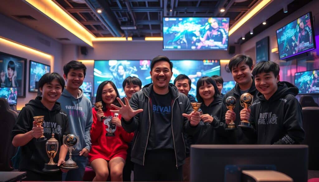 A group of accomplished Taiwanese gamers, beaming with pride, gathered in a vibrant, modern gaming lounge. Soft, dramatic lighting casts an inspiring glow, highlighting their focused expressions as they showcase their prized trophies and gaming setups. In the middle ground, a central figure gestures animatedly, captivating the group with their success story. The background features sleek, minimalist decor and floor-to-ceiling screens displaying various esports competitions, conveying a sense of the professional gaming environment. An atmosphere of camaraderie, achievement, and passion for gaming permeates the scene.
