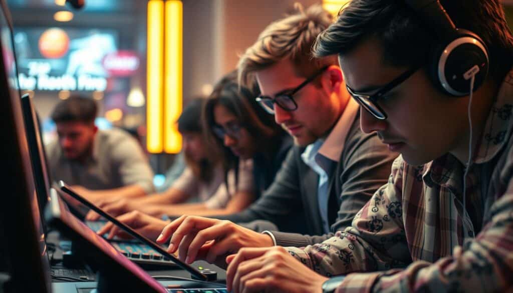 A group of diverse online casino gamers deeply immersed in their digital activities, their body language and facial expressions conveying their level of engagement and strategy. The scene is bathed in a warm, ambient lighting, creating a sense of focus and intensity. The composition emphasizes the players' interactions with their devices, capturing the analytical nature of their playstyle. The background is softly blurred, drawing the viewer's attention to the central activity. The overall tone is one of concentration and strategic thinking, reflecting the subject of player behavior analysis.