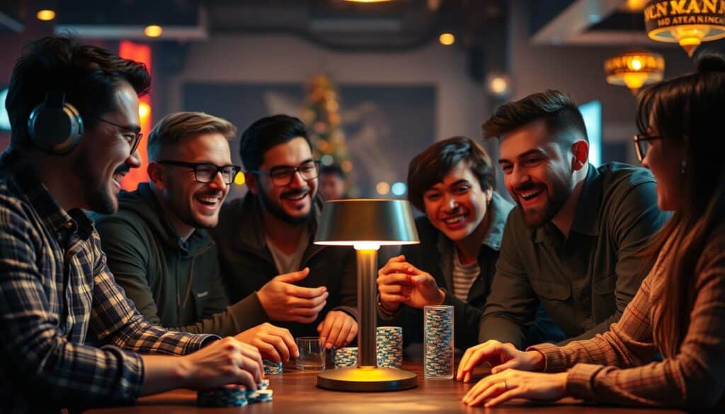 A group of enthusiastic online casino players gather around a table, engaged in a lively discussion. The foreground features their animated expressions and gestures as they share their experiences, their faces lit by the warm glow of a table lamp. In the middle ground, the background is slightly blurred, creating a sense of focus on the players' interactions. The scene is bathed in a soft, inviting lighting, conveying a cozy, comfortable atmosphere. The overall composition suggests a sense of community, with the players connected through their shared passion for online gambling.