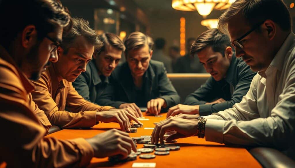 A group of individuals engaged in an intense baccarat game, their faces alight with focus and determination. The table is bathed in a warm, golden glow, casting a subtle sheen on the playing cards and casino chips. The players' postures are rigid, their eyes locked on the cards, anticipating each turn of the game. In the background, a sense of hushed anticipation permeates the scene, as the high stakes and competitive spirit create an atmosphere of palpable tension. The image captures the unique characteristics of baccarat players - their strategic mindset, their unwavering concentration, and the thrill of the game.