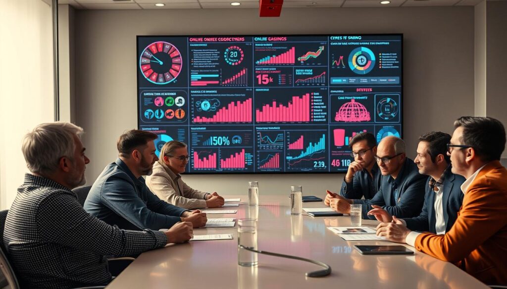 A group of industry experts sit around a table in a modern conference room, discussing the future of online gambling. The lighting is soft and warm, casting a contemplative atmosphere. The experts lean forward, engaged in a lively debate, their expressions a mix of enthusiasm and concentration. In the background, a large screen displays intricate data visualizations, charts, and graphs related to online casino trends and projections. The camera angle captures the scene from a slightly elevated perspective, emphasizing the collaborative nature of the discussion. The overall mood suggests a sense of anticipation and optimism about the evolving landscape of online entertainment.