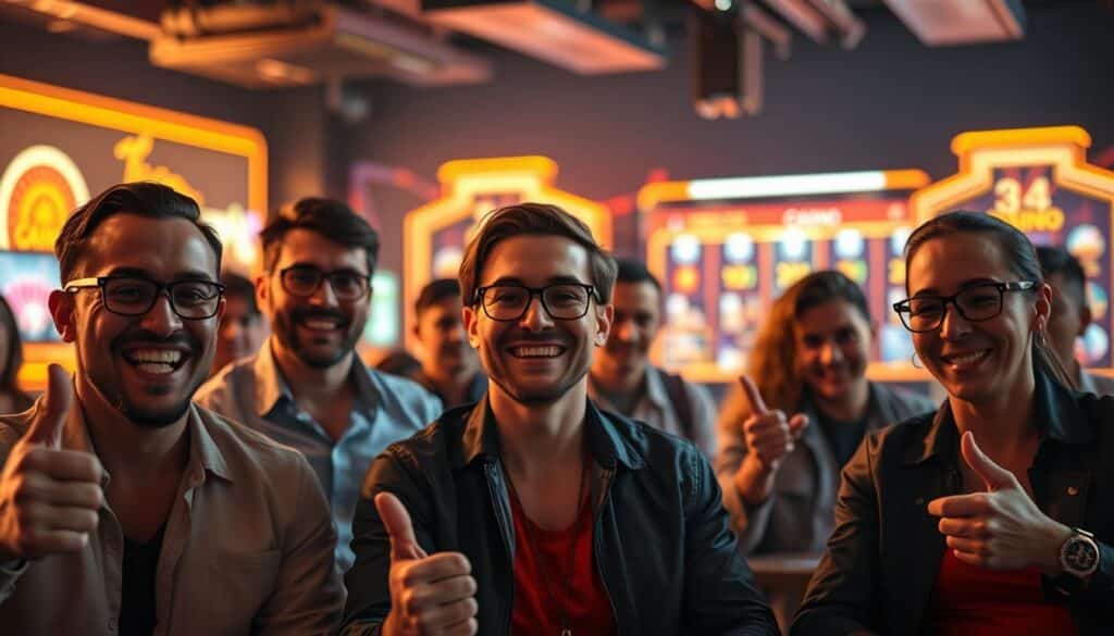 A group of online casino players offering enthusiastic feedback, illuminated by warm, natural lighting. The foreground features a diverse set of player expressions - smiles, thumbs-up, and animated gestures. The middle ground shows players engaged in discussions, their faces conveying a sense of satisfaction and appreciation. In the background, a sleek, modern casino interface subtly suggests the context of the scene. The overall mood is one of positivity, collaboration, and a genuine sense of player-centric focus.