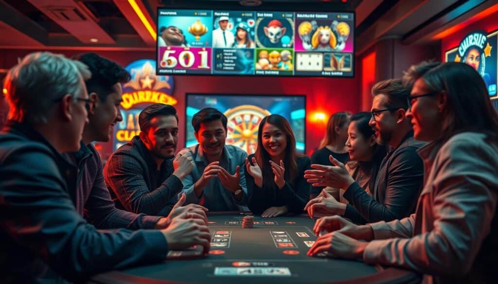 A group of people gathered around a table, engaged in a lively discussion about online casino game strategies. The scene is set in a warm, softly lit gaming lounge, with plush furniture and subtle ambient lighting. The participants lean in, their faces animated as they share tips and insights, gesturing animatedly. In the background, a large display screen showcases various casino games, providing visual reference points for the conversation. The overall atmosphere is one of camaraderie, collaboration, and a shared passion for optimizing gameplay and improving odds. Realistic, cinematic, high-quality.