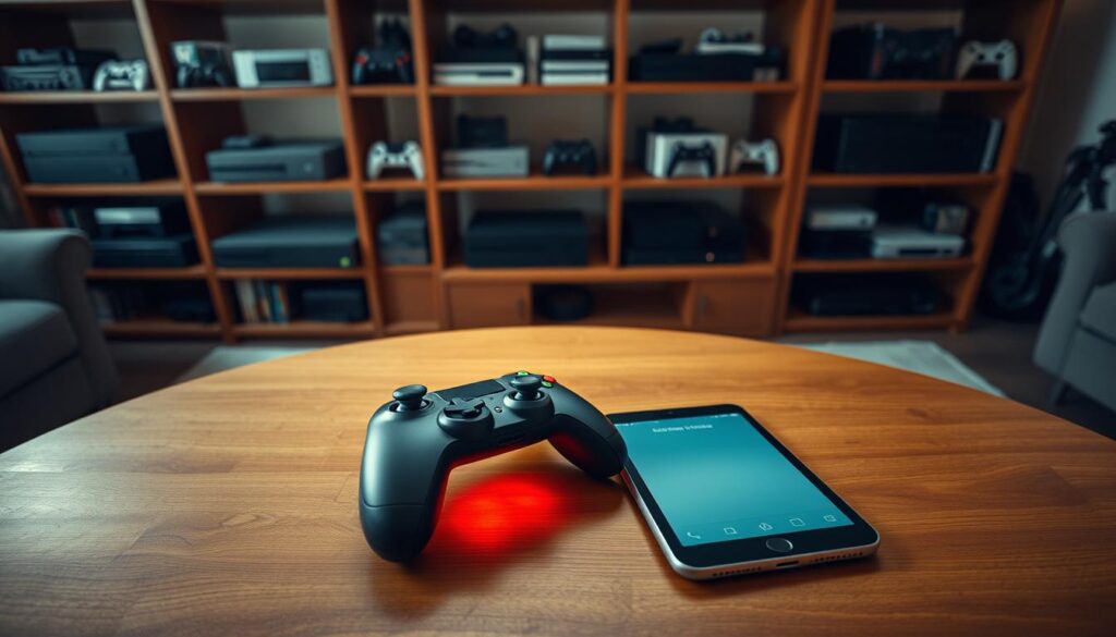 A high-angle shot of a game controller, phone, and tablet arranged on a wooden table in a warm, cozy living room setting. The controller and devices are backlit, creating a soft, inviting glow. In the background, shelves display a variety of video game consoles, creating a sense of a dedicated gaming space. The overall atmosphere evokes the thoughtful consideration of choosing the right gaming platform, with a focus on comfort, convenience, and a curated gaming experience.
