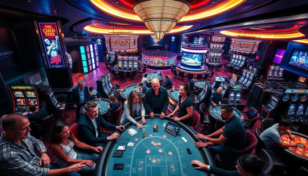 A high-angle shot of a vibrant casino scene, with the main focus on the player experience and safety. The foreground features a group of enthusiastic players engaged in various table games, their faces conveying a sense of excitement and security. The middle ground showcases the sleek, modern interior design of the casino, with plush furnishings, subdued lighting, and discreet security presence. The background offers a panoramic view of the casino floor, highlighting the variety of entertainment options available, from slot machines to live entertainment stages. The overall atmosphere evokes a luxurious, yet safe and welcoming ambiance, reflecting the reputable nature of the establishment.
