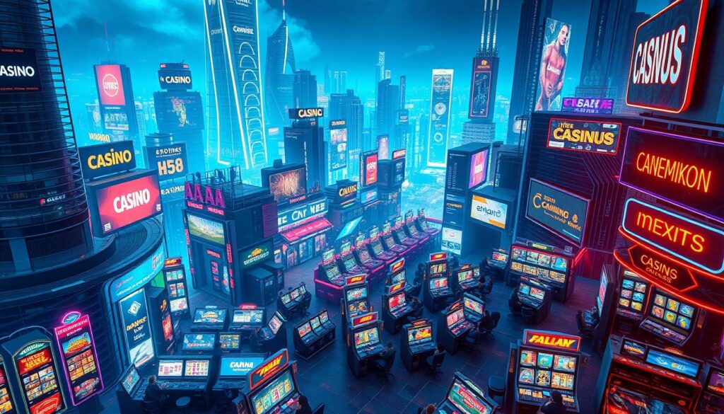 A high-angle view of a bustling online gambling market, showcasing its rapid growth and evolving trends. The scene depicts a vibrant digital landscape, with numerous virtual casino platforms and gaming interfaces sprawling across a sleek, futuristic cityscape. Neon-lit skyscrapers and holographic billboards create an immersive, tech-infused atmosphere, hinting at the industry's dynamic and ever-changing nature. In the foreground, a diverse array of players, represented by stylized avatars, engage in a wide range of interactive casino games, from slot machines to live dealer tables. The overall composition conveys a sense of excitement, innovation, and the increasing integration of online gambling into the modern digital lifestyle.