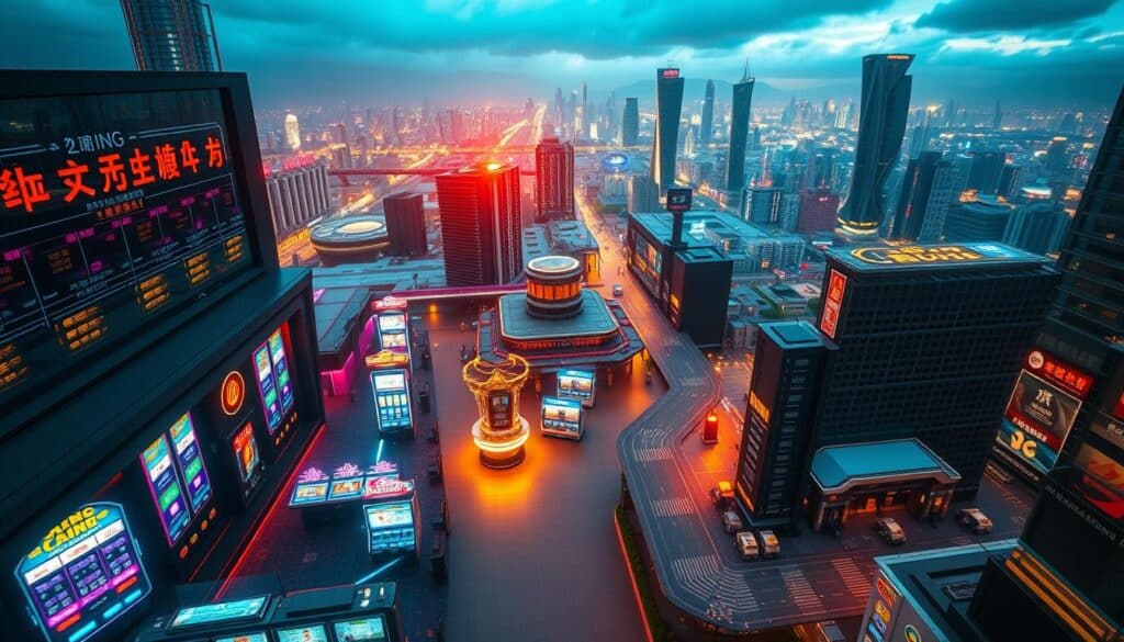 A high-angle view of the bustling Taiwanese online casino market, showcasing the diverse landscape of gambling platforms, digital interfaces, and evolving regulatory frameworks. In the foreground, a sleek, modern virtual casino lobby with vibrant neon-lit game tables and slot machines, reflecting the allure and technological sophistication of the industry. The middle ground features a network of interconnected data centers and server racks, symbolizing the complex infrastructure powering these online experiences. In the background, a panoramic cityscape with towering skyscrapers and bustling streets, highlighting the integration of this digital realm within the broader Taiwanese urban landscape. The scene is bathed in a warm, golden glow, evoking a sense of opportunity and potential amidst the dynamic legal and economic landscape.