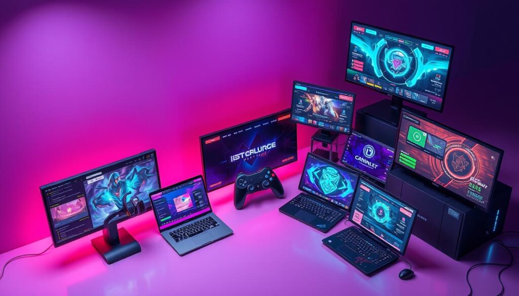 A high-angle view of the most popular online gaming platforms, presented against a sleek, minimalist background. The platforms are depicted as vibrant, futuristic-looking interfaces, with clean lines, bold colors, and eye-catching iconography. The overall scene conveys a sense of energy, dynamism, and a focus on user experience, reflecting the fast-paced and engaging nature of the leading gaming destinations. The lighting is soft and diffused, creating a sense of depth and highlighting the key features of each platform. The composition is well-balanced, with the platforms arranged in a visually appealing layout that draws the viewer's attention to the most prominent and influential options.