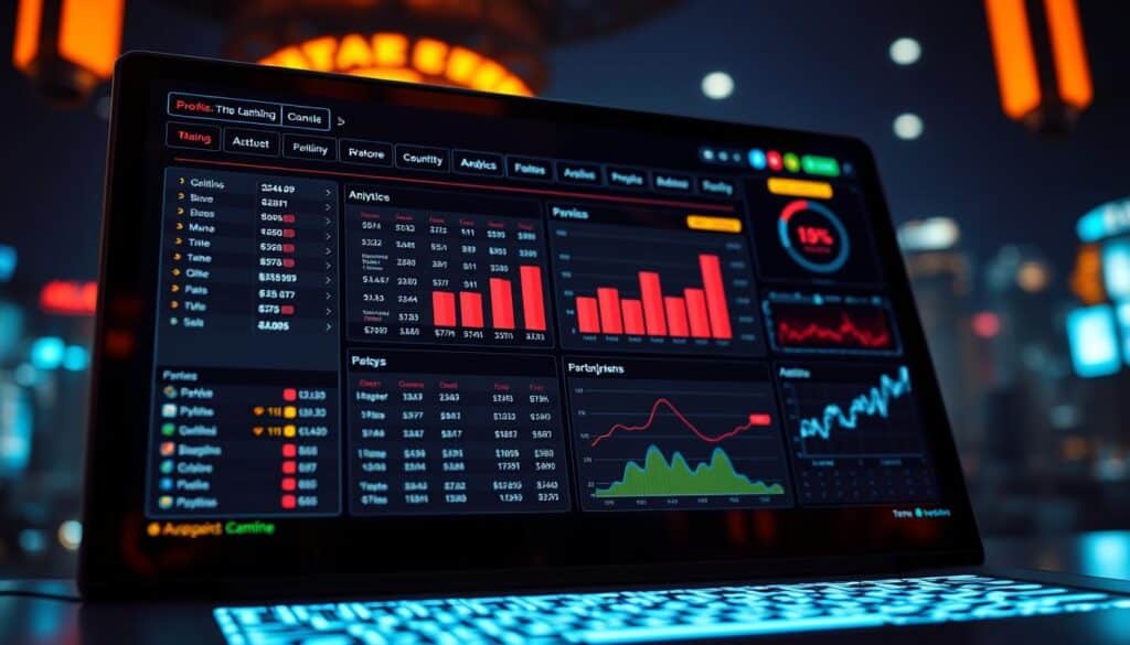 A high-contrast, cinematic close-up shot of a gambling website's user interface, with a strategic layout of betting options, payout charts, and analytics dashboards. The display is bathed in a warm, neon-infused lighting, creating a sense of excitement and anticipation. In the background, a blurred but intriguing cityscape sets the stage, hinting at the larger world of online entertainment. The composition emphasizes the careful planning and attention to detail that goes into crafting an effective gambling website strategy, conveying a sense of control and calculated risk-taking.