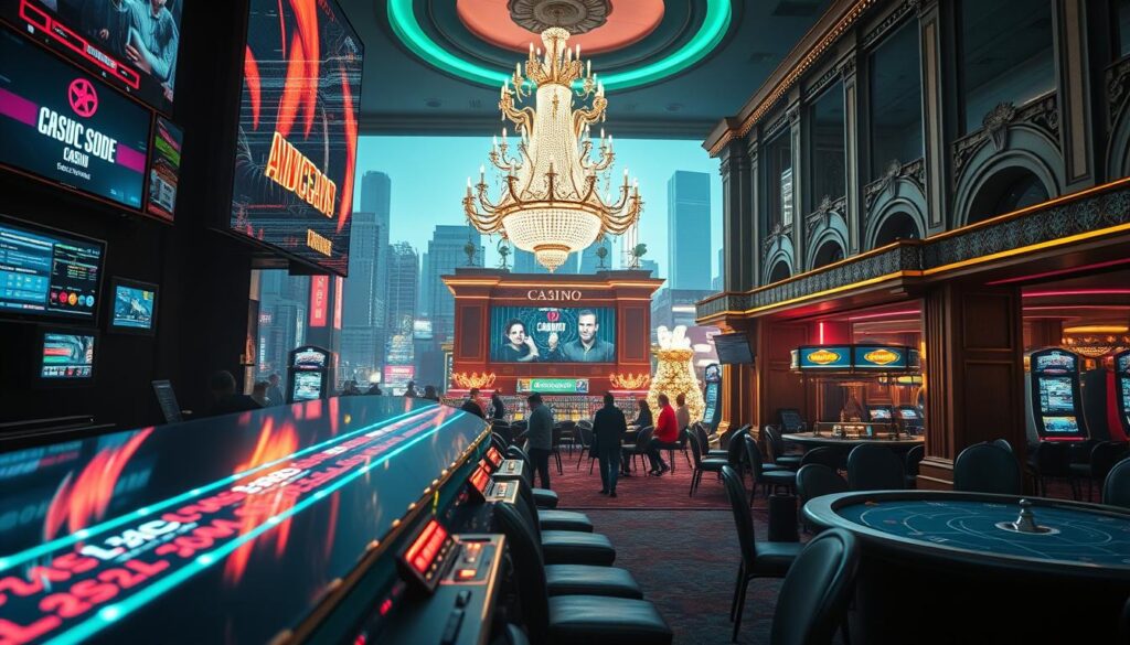 A high-contrast, cinematic composition depicting the juxtaposition of a modern online casino and a traditional brick-and-mortar gambling hall. In the foreground, sleek digital interfaces and neon-lit gaming tables evoke the immersive, fast-paced world of online entertainment. In the middle ground, a lavish chandelier-lit interior with ornate architecture and plush furnishings represents the opulent atmosphere of a classic casino. The background reveals a bustling cityscape, symbolizing the evolving landscape of the gambling industry. Dramatic lighting casts dramatic shadows, creating a sense of tension and dynamic energy. The overall scene conveys the distinct experiences and contrasting environments of online and offline gambling establishments.