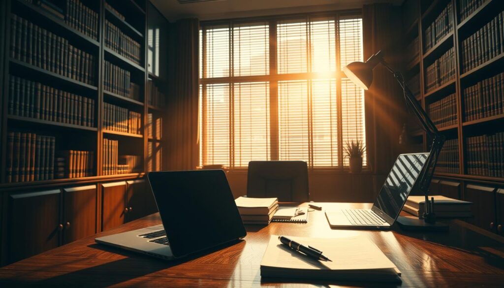 A high-contrast, cinematic image of a modern law office interior. In the foreground, a polished wooden desk with a laptop, pen, and carefully stacked documents. Behind it, a large window with venetian blinds filters warm, directional light that casts dramatic shadows across the room. Towering bookshelves line the walls, filled with legal tomes. An articulated desk lamp provides focused illumination on the work surface. The atmosphere is one of professionalism, authority, and precision - reflecting the rigorous legal framework governing reward programs in the online gaming industry.