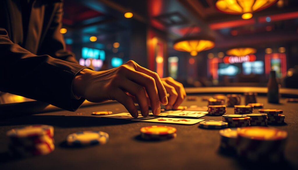 A high-contrast, cinematic image of a poker table with cards and poker chips, bathed in warm, golden lighting. The table is situated in a dimly lit, luxurious casino setting, with a sense of tension and anticipation in the air. The focus is on the player's hands as they skillfully handle the cards, showcasing the strategic techniques and subtle tells that lead to winning at online video poker. The background is blurred, emphasizing the intense concentration of the player and the game at hand.