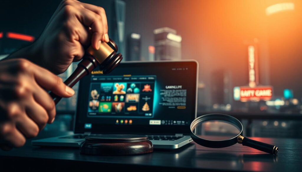 A high-contrast, cinematic scene depicting online gambling regulations and legal considerations. In the foreground, a close-up of an authoritative hand holding a gavel, conveying the weight of judicial decision-making. The mid-ground features a laptop displaying various gambling icons and a magnifying glass, symbolizing the careful examination of online gaming activities. In the background, a dimly lit cityscape with skyscrapers and neon signage, hinting at the complex, high-stakes world of digital entertainment. The overall mood is one of serious contemplation, with dramatic lighting and a sense of gravity surrounding the regulatory process.