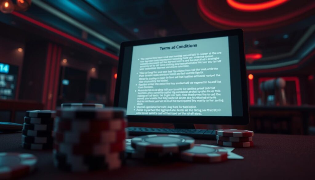A high-contrast, cinematic scene depicting the key details of an online casino's wagering requirements and bonus conditions. In the foreground, a close-up of casino chips and playing cards, with a shallow depth of field that draws the eye. In the middle ground, a computer screen or mobile device displays the relevant terms and conditions, presented in a clean, easy-to-read interface. The background is dimly lit, evoking the atmosphere of a casino, with subtle highlights and shadows that create depth and drama. The overall mood is one of precision, clarity, and a touch of mystery - reflecting the importance of understanding the fine print when engaging with online gambling platforms.
