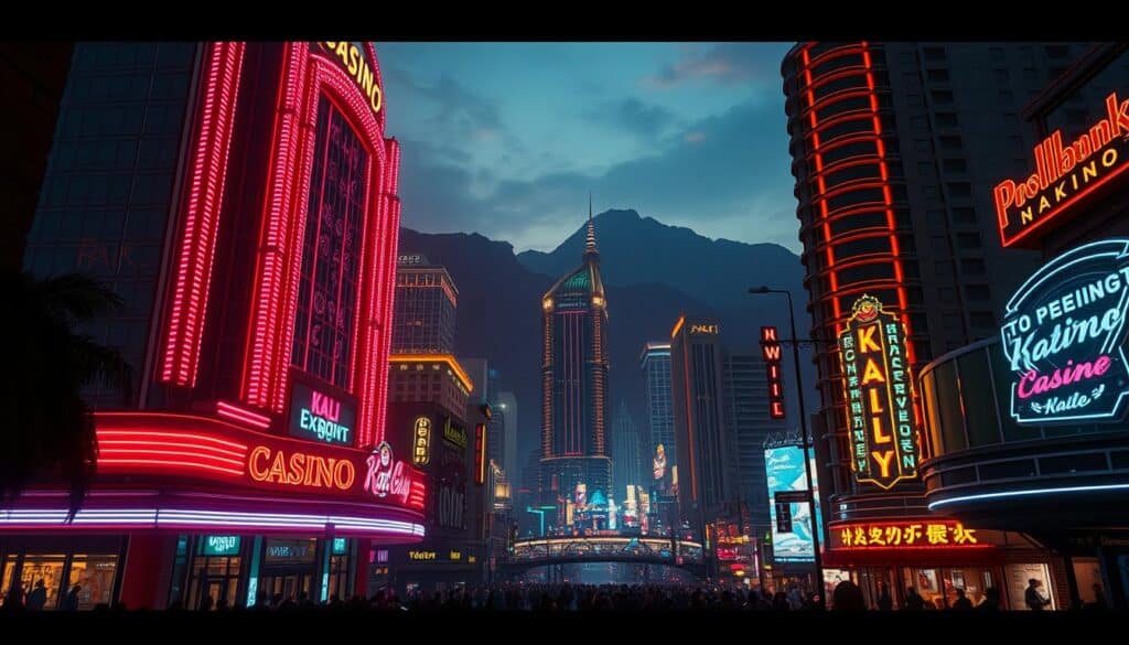 A high-contrast, cinematic scene depicting the pros and cons of the Kali Entertainment City. In the foreground, a neon-lit casino facade stands tall, its vibrant lights casting a warm glow on the bustling crowds. In the middle ground, a detailed street scene showcases the city's attractions - from towering hotels to bustling restaurants. In the background, a looming mountain range provides a sense of scale and grandeur. The overall mood is one of excitement and entertainment, yet hints of a more complex narrative lurk beneath the surface. Dramatic lighting and an anamorphic lens create a sense of depth and drama, inviting the viewer to explore the nuances of this complex gaming destination.