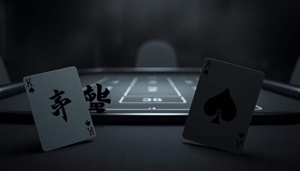 A high-contrast composition depicting the winning probabilities of the banker and player in a baccarat game. The foreground features two stylized playing cards, one embellished with an ornate Chinese character "莊" (banker) and the other with "閒" (player), arranged to visually convey their respective win rates. The middle ground showcases a simple casino table surface, with a subtle grid pattern evoking the game's grid-like layout. The background is a moody, atmospheric scene with muted lighting, hinting at the tension and strategic considerations of the baccarat gameplay. The overall aesthetic is a blend of classic casino aesthetics and modern minimalist design, creating a sense of refined elegance and mathematical precision.