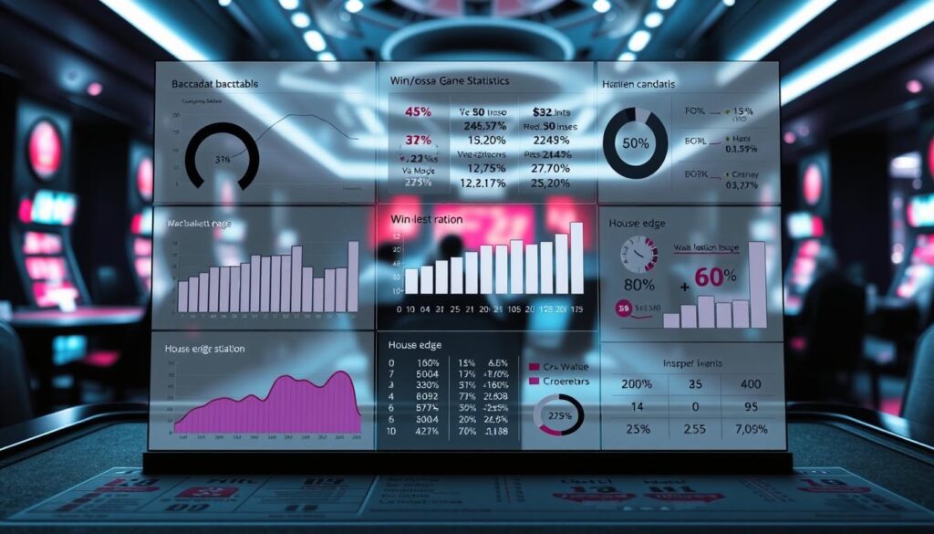 A high-contrast data visualization showcasing comprehensive baccarat game statistics. In the foreground, a clean and minimalist layout presents a series of charts, graphs, and infographics displaying win/loss ratios, house edge percentages, and other key performance metrics. The middle ground features a muted, blurred casino environment, with the faint outlines of gaming tables and players in the background, emphasizing the analytical focus. The lighting is crisp and directional, casting dramatic shadows that enhance the clean, professional aesthetic. The overall mood is one of analytical precision and data-driven decision-making, perfectly suited to illustrate the "Baccarat Game Statistics" section of the article.