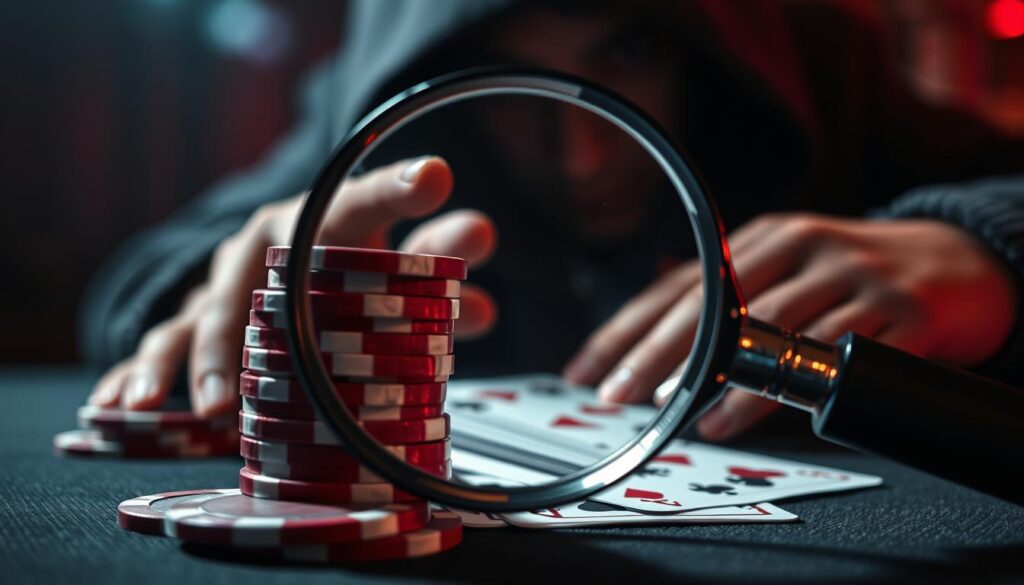 A high-contrast, hyper-realistic image of a magnifying glass closely examining a stack of casino chips and playing cards, with a shadowy figure lurking in the background. The scene is bathed in a moody, dramatic lighting, emphasizing the sense of suspicion and scrutiny. The foreground elements are sharply in focus, while the background is slightly blurred, creating a sense of depth and mystery. The composition should convey the idea of carefully investigating potential fraud in the online gambling industry, with a sense of caution and vigilance.