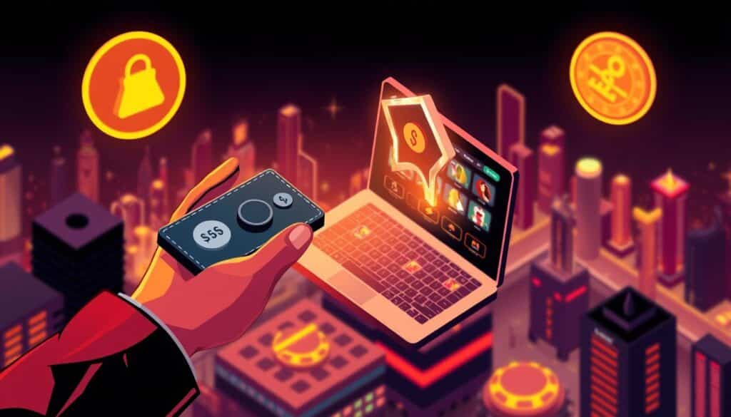 A high-contrast, isometric illustration depicting the online casino payment process. In the foreground, a stylized hand performs a secure digital transaction, with a virtual wallet and digital currency icons. The middle ground shows a modern online casino interface with a smooth, sleek design and game icons. The background features a cityscape with a neon-lit skyline, conveying a sense of urban sophistication and excitement. The overall mood is dynamic and technologically advanced, with a focus on the convenience and thrill of online gambling. The lighting is dramatic, with sharp shadows and highlights to emphasize the digital aesthetic.