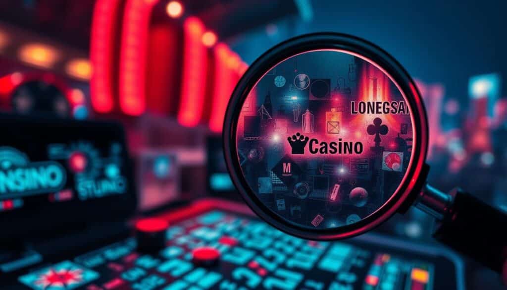 A high-contrast, macro-style image capturing the distinctive features of online gambling fraud. In the foreground, a magnifying glass reveals intricate patterns and textures, suggesting the need for close inspection. The middle ground features a jumble of digital icons, glyphs, and UI elements, hinting at the deceptive digital landscape. The background is a blurred, glowing neon cityscape, evoking the allure and risk of the virtual casino world. Dramatic lighting casts harsh shadows, creating a sense of unease and suspicion. The overall mood is one of keen observation, alertness, and the unveiling of hidden truths.