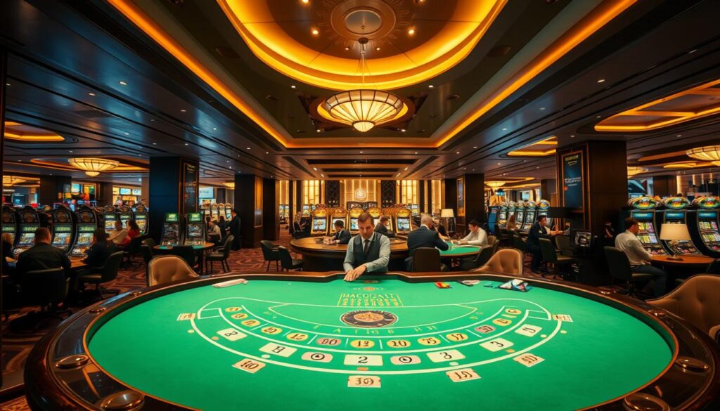 A high-contrast, ultra-wide shot of a modern, well-lit casino interior. In the foreground, a green-felt baccarat table with pristine white felt and gleaming brass fixtures. Around the table, rows of sophisticated-looking players in formal attire engaged in a spirited game. In the middle ground, a luxurious lounge area with plush leather seating and gold-accented decor. The background features a panoramic view of the casino floor, with rows of slot machines and gaming tables bathed in a warm, inviting glow. The overall atmosphere evokes an air of elegant sophistication and high-stakes excitement.
