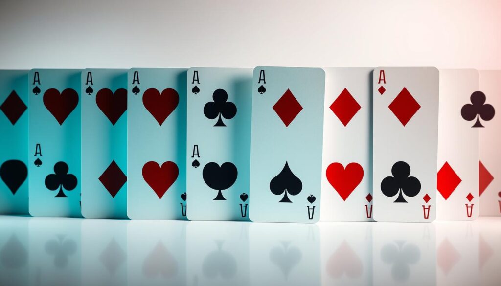 A high-definition photorealistic image of an array of classic poker card suits - hearts, diamonds, clubs, and spades - arranged in a striking, symmetrical pattern against a clean, minimalist background. The cards are rendered with meticulous detail, showcasing their iconic symbols, textures, and reflective surfaces. The lighting is soft and diffused, creating a sense of depth and dimension. The composition is balanced and visually striking, drawing the viewer's attention to the core essence of poker card iconography. An atmosphere of sophisticated elegance and strategic contemplation pervades the scene, befitting the topic of poker gameplay strategy.