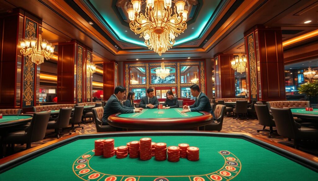 A high-end casino in Taiwan, with a modern, sleek interior design. The foreground features a luxurious gaming table, complete with green felt and gleaming chips. In the middle ground, well-dressed patrons sit at the table, engaged in an intense game of baccarat. The background showcases the casino's sophisticated ambiance, with chandelier lighting, plush leather seating, and opulent decor elements. The scene conveys a sense of exclusivity, excitement, and the thrill of high-stakes gambling. The lighting is warm and inviting, creating a glamorous atmosphere. The camera angle captures the scene from a slightly elevated perspective, giving the viewer a sense of immersion and a glimpse into the elite world of Taiwanese high-roller entertainment.