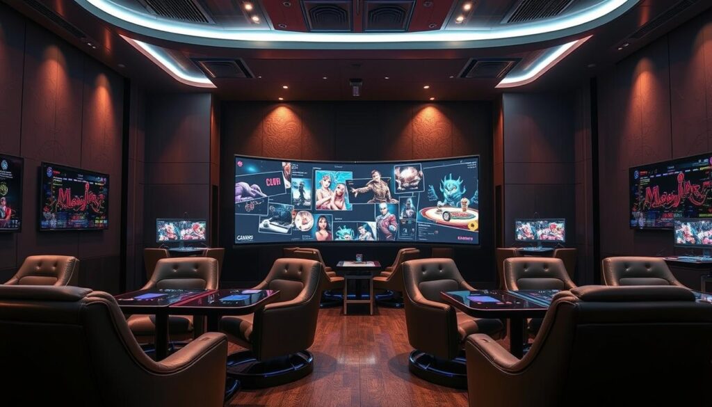 A high-end gaming lounge interior featuring a sleek, modern design. Soft lighting illuminates the space, creating a warm and inviting atmosphere. A large, curved display dominates the center, showcasing vibrant casino-themed graphics and animations. Plush leather chairs and tables with integrated gaming controls invite players to immerse themselves in the thrilling online casino experience. The room is adorned with subtle branding elements, striking a balance between luxury and functionality. Attention to detail is evident in the use of premium materials and the strategic placement of strategic visual cues, all crafted to elevate the overall gaming experience and entice potential players.