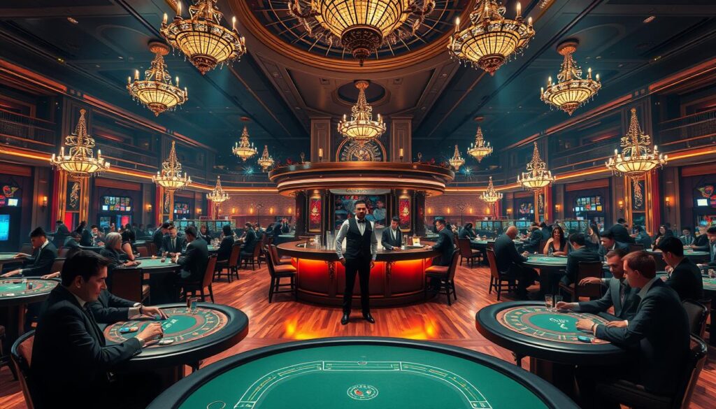 A high-end, professional online gambling platform featuring realistic human-like characters in an immersive virtual casino environment. The scene depicts the interior of a lavish gaming hall, with elegant chandeliers casting a warm glow over the polished wooden floors and plush velvet seating. In the foreground, sharply dressed casino guests engage in lively table games, their faces animated with a sense of excitement and anticipation. The middle ground features a central bar area, where bartenders in crisp uniforms serve expertly crafted cocktails. In the background, a sweeping panoramic view showcases the opulent architecture and grand scale of the casino, conveying a sense of exclusivity and high-end sophistication. Lighting is strategically placed to create dramatic shadows and highlights, emphasizing the luxurious ambiance. The overall mood is one of refined elegance, sophistication, and the thrill of high-stakes gaming.