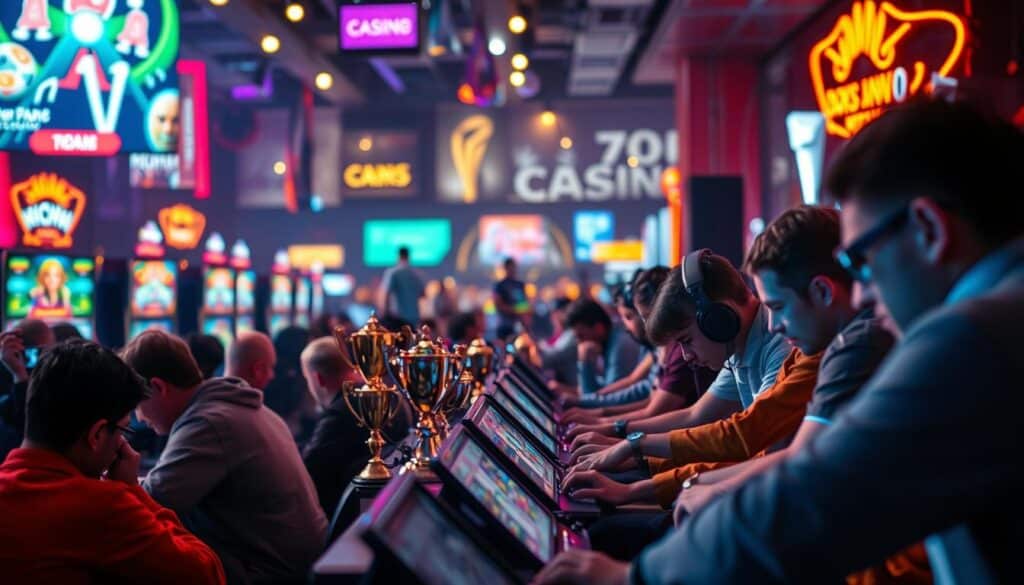 A high-energy scene of a bustling online casino tournament, with players hunched over their screens, engrossed in the action. The foreground is alive with the vibrant glow of digital interfaces, reflecting the intense concentration of the participants. In the middle ground, an array of trophies and prizes beckons, fueling the competitive spirit. The background is a blurred collage of neon lights and dynamic graphics, capturing the thrill and momentum of the virtual gaming experience. The overall atmosphere is one of excitement, anticipation, and the relentless pursuit of victory in this ever-evolving landscape of online gambling.
