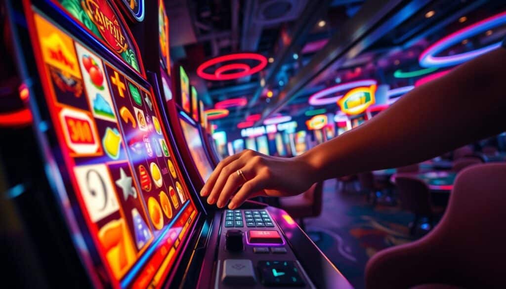 A high-energy, visually striking scene of a player navigating the thrilling world of an online casino. The foreground features a stylized representation of a slot machine, its reels spinning with vibrant symbols and dazzling lights. In the midground, the player's hands are poised on the controls, their expression one of intense focus and anticipation. The background showcases the dynamic atmosphere of the casino, with neon-lit tables, flashing screens, and the energy of a bustling gaming floor. The lighting is dramatic, casting deep shadows and highlights to create a sense of drama and excitement. The overall mood is one of anticipation and the thrill of the potential for a big win.