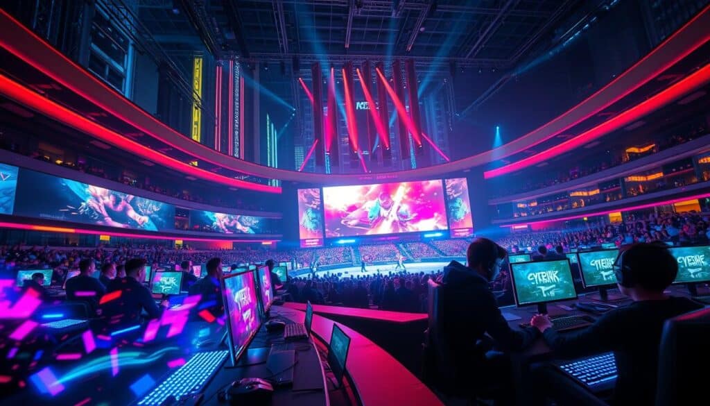 A high-intensity, dynamic esports arena with a vibrant, neon-lit stage. In the foreground, a group of professional gamers intensely focused on their screens, fingers rapidly tapping keyboards and controllers. Colorful, holographic game elements float and shimmer around them, reflecting the fast-paced, technologically advanced nature of the competition. In the middle ground, rows of spectators watch raptly, their faces illuminated by the glow of the massive, curved screens displaying the live gameplay. The background is filled with towering, futuristic architecture, conveying a sense of the exponential growth and global significance of the esports industry. The overall atmosphere is one of excitement, innovation, and the thrill of competition in the digital age.