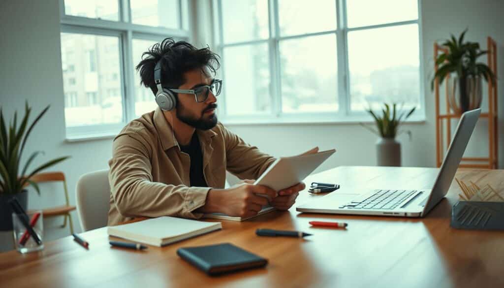 A high-quality content creation scene featuring a thoughtful writer brainstorming ideas at a minimalist wooden desk, with a clean, airy workspace and natural lighting streaming in through large windows. The writer is surrounded by neatly organized notebooks, pens, and a laptop, conveying a sense of focus and productivity. The background showcases a serene, modern interior design with muted colors and clean lines, complementing the content creation process. The overall atmosphere exudes a sense of creativity, innovation, and a dedication to crafting valuable, engaging content.