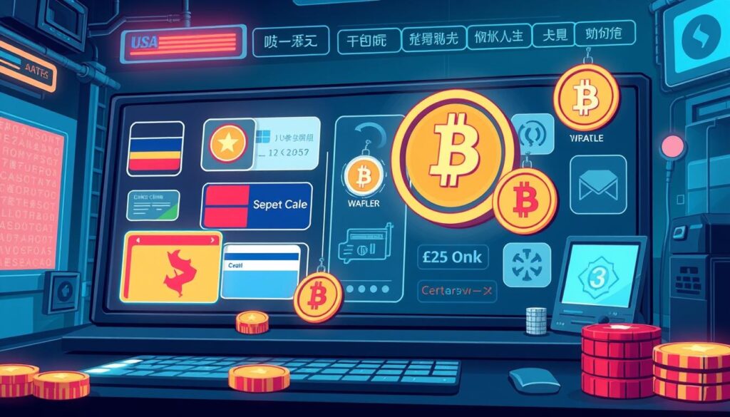 A high-quality, detailed illustration of various online casino deposit methods. Showcase a clean, modern interface with crisp, vibrant graphics. Prominently display common payment options like credit/debit cards, e-wallets, bank transfers, and cryptocurrencies. Depict these elements in a well-organized, easy-to-understand layout, with clear icons and labels. Utilize a cool, minimalist color palette with a focus on blues, grays, and whites to convey a sense of trust and reliability. Employ a slightly low-angle perspective to create depth and emphasize the breadth of payment solutions. Ensure the image has a professional, authoritative tone to serve as a comprehensive visual guide for Taiwanese online casino players.
