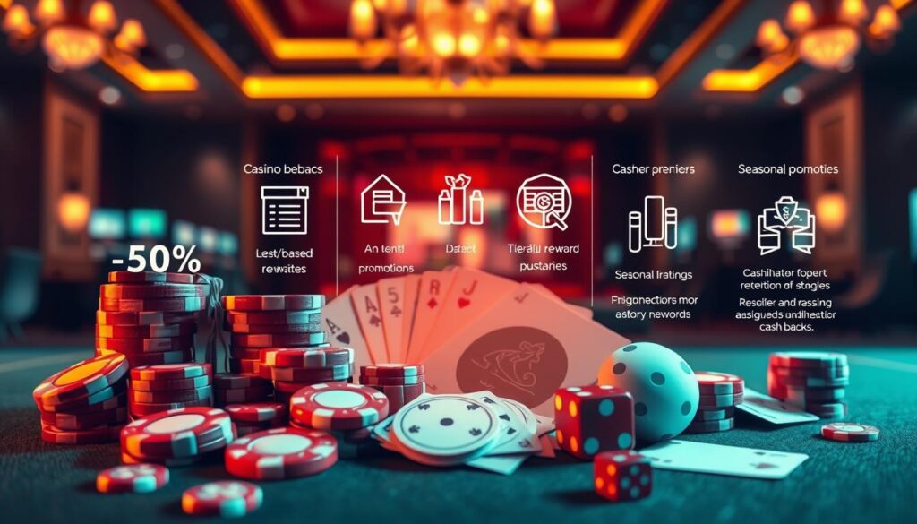 A high-quality, detailed illustration showcasing various types of casino cashback incentives and promotional strategies. In the foreground, a collection of casino chips, cards, and dice in a visually appealing arrangement, illuminated by warm, soft lighting to create an inviting atmosphere. In the middle ground, a series of iconographic elements representing different cashback programs, such as percentage-based rebates, tiered reward systems, and seasonal promotions. The background features a blurred, elegant casino interior, with subtle textures and patterns that complement the overall composition. The scene conveys a sense of sophistication, highlighting the strategic and lucrative nature of casino player retention tactics.