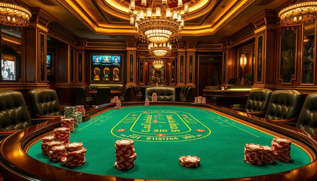 A high-quality, detailed interior scene of a classic Baccarat (Baccarat) gaming table, bathed in warm, ambient lighting. The table is made of polished dark wood, with an emerald green felt surface and gold accents. Stacks of casino chips in various denominations are neatly arranged around the table, awaiting players. The table is surrounded by plush leather chairs, creating an atmosphere of sophistication and excitement. In the background, the ornate interior of an upscale casino can be seen, with ornate chandeliers, rich textiles, and marble accents. The scene conveys the allure and prestige of the Baccarat gaming experience.