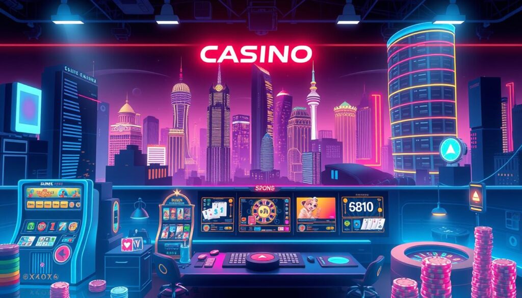 A high-quality, digitally-rendered illustration depicting the key rules and mechanics of online casino games. The foreground features crisp, detailed icons and visual metaphors representing common game types like slot machines, table games, and live dealers. The middle ground shows a sleek, modern casino interface with clean UI elements and interactive controls. The background presents a stylized, neon-lit cityscape with skyscrapers and bright lights, conveying the vibrant atmosphere of online gambling. The overall scene is lit by a dramatic, cinematic lighting setup with deep shadows and highlights, creating a sense of depth and drama. The color palette is a balanced mix of blues, purples, and oranges for a premium, sophisticated look. The composition is arranged to draw the viewer's eye through the various layers of information in an intuitive, visually-engaging way.