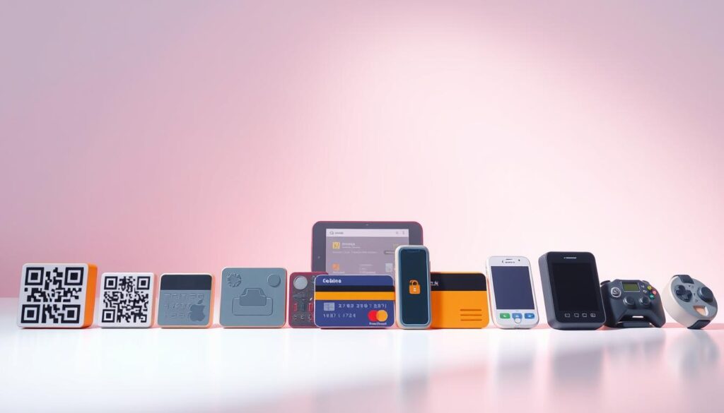A high-quality illustration of various payment methods commonly used by Taiwanese players in online gaming. Set against a clean, minimalist background, the foreground features a row of digital payment icons including QR codes, credit cards, e-wallets, and mobile payment apps, rendered in a stylized, isometric perspective. The middle ground showcases a virtual wallet or interface, conveying the ease and security of online transactions. The lighting is crisp and evenly distributed, emphasizing the modern, technology-driven nature of the subject matter. The overall mood is one of simplicity, efficiency, and user-friendliness, reflecting the seamless payment experience for Taiwanese gamers.