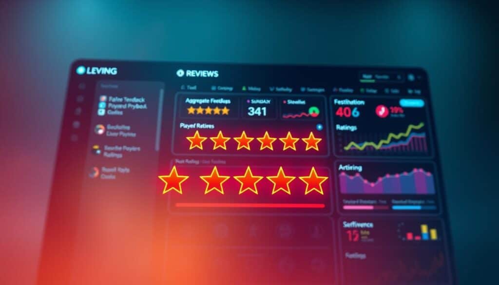 A high-quality image of the "player review" section for a gaming article, featuring a clean and modern design with a focus on sleek user interfaces, glowing reviews, and a sense of trust and reliability. The foreground showcases a vibrant, interactive rating system with star icons, floating testimonials, and an intuitive layout. The middle ground presents a polished dashboard displaying aggregate player feedback, ratings, and sentiment analysis. The background features a subtle, gradient-based color scheme evoking a sense of digital sophistication. Soft, directional lighting creates depth and highlights the key elements, while a cinematic camera angle and shallow depth of field draw the viewer's attention to the central review system.
