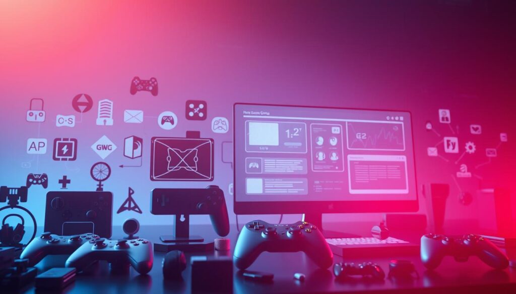A high-quality, modern online gaming platform comparison. The foreground depicts various gaming icons, controllers, and symbols arranged in a dynamic, visually appealing layout. The middle ground showcases sleek, minimalist user interface elements such as buttons, menus, and screens. The background features a subtle, abstract geometric pattern in a soft color palette, creating a sense of depth and sophistication. Lighting is balanced, with a warm, inviting glow highlighting the key elements. Camera angle is slightly angled to convey a professional, authoritative perspective. The overall mood is one of technological advancement, reliability, and user-friendliness.